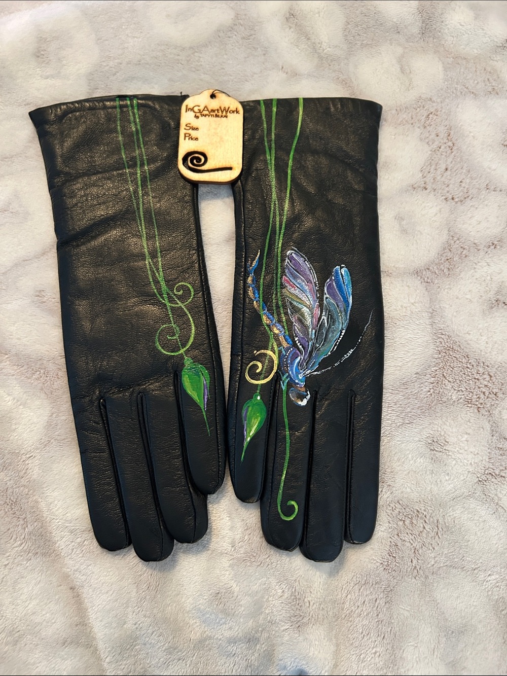Black Leather Gloves with Hand-Painted Dragonfly w/Green & Purple Floral Accent